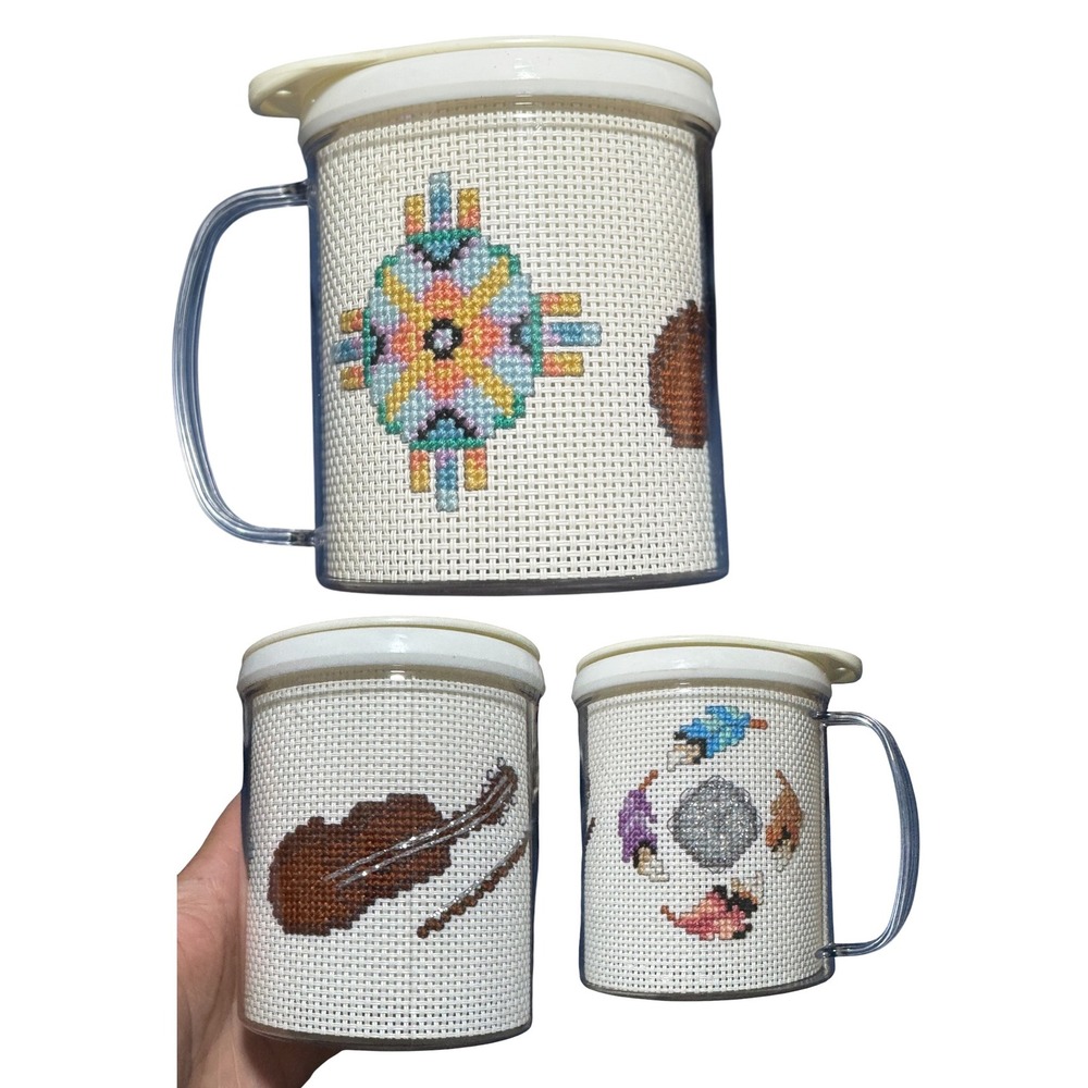 VTG Cross Stitch Insulated Lidded tea Mug Needlepoint Clear cottagecore folk art